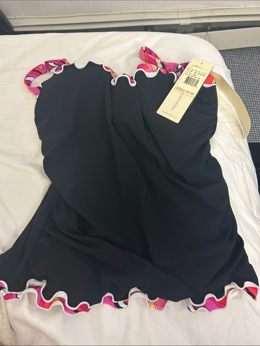 Black Ruffle Swimdress with Pink Multi Trim